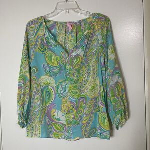 Lilly Pulitzer Sarabeth floral blue green paisley silk blouse top XS